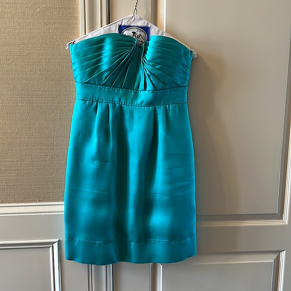 Phoebe Couture Turquoise pleated strapless mini dress